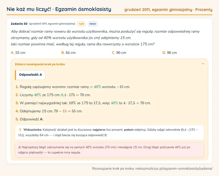 Rozwiązanie zadania – egzamin gimnazjalny (grudzień 2011) — procenty: Aby dobrać rozmiar ramy roweru do wzrostu użytkownika, można posłużyć się regułą: rozmiar…