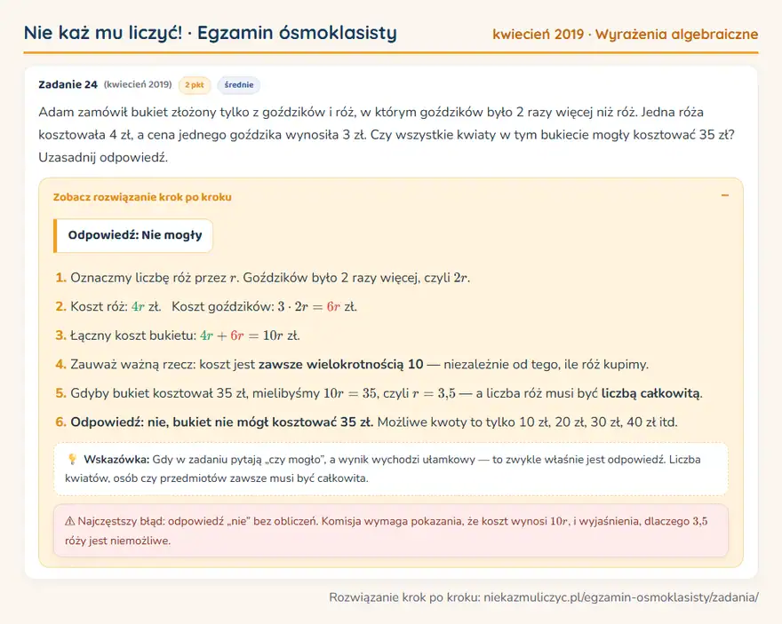 Rozwiązanie zadania – E8 (kwiecień 2019) — wyrażenia algebraiczne: Adam zamówił bukiet złożony tylko z goździków i róż, w którym goździków było 2 razy więcej niż róż…