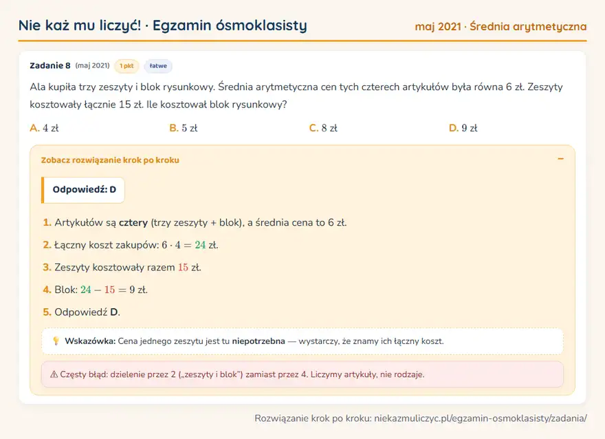 Rozwiązanie zadania – E8 (maj 2021) — średnia arytmetyczna: Ala kupiła trzy zeszyty i blok rysunkowy. Średnia arytmetyczna cen tych czterech artykułów była…