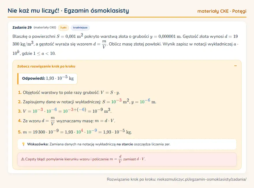 Rozwiązanie zadania – E8 (materiały CKE) — potęgi: Blaszkę o powierzchni S = 0,001 m² pokryto warstwą złota o grubości y = 0,000001 m. Gęstość złota…