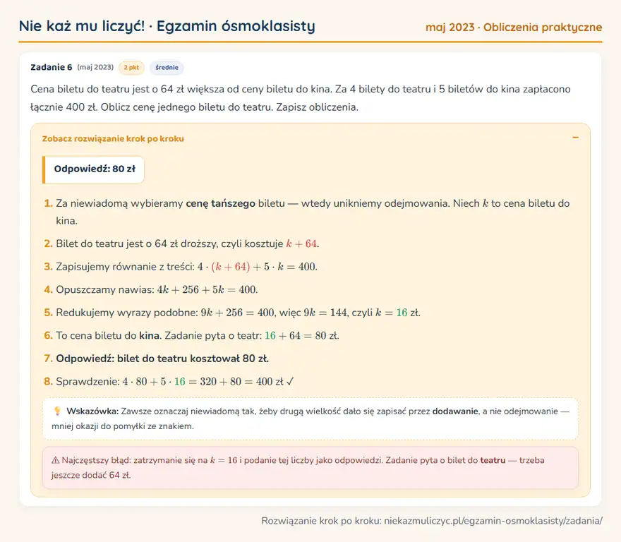 Rozwiązanie zadania – E8 (maj 2023) — obliczenia praktyczne: Cena biletu do teatru jest o 64 zł większa od ceny biletu do kina. Za 4 bilety do teatru i 5…