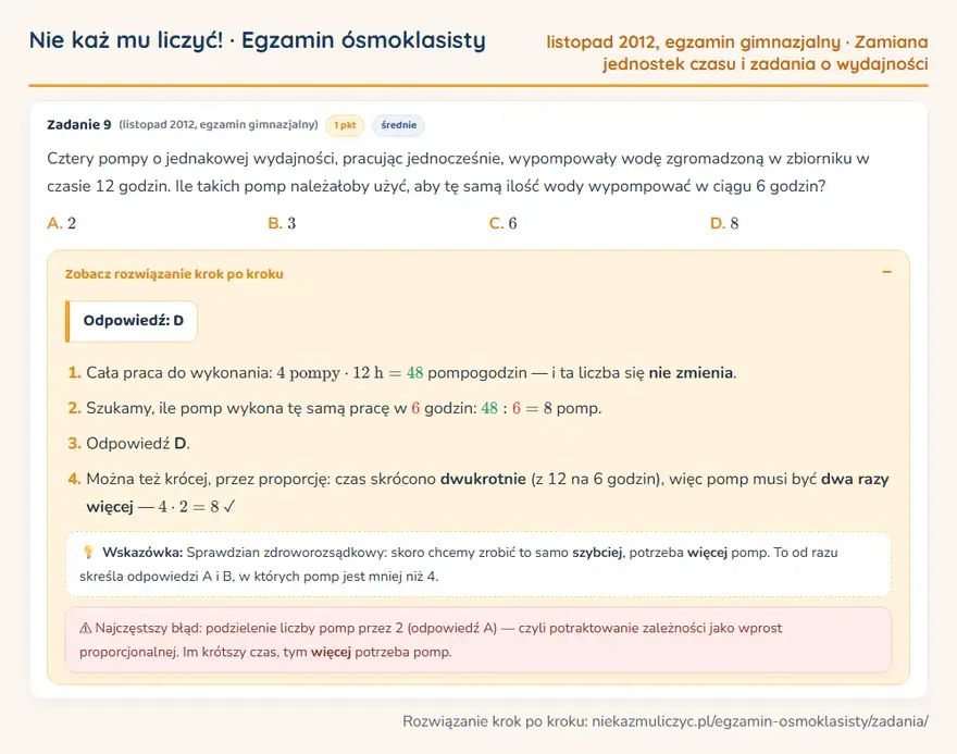 Rozwiązanie zadania – egzamin gimnazjalny (listopad 2012) — zamiana jednostek czasu i zadania o wydajności: Cztery pompy o jednakowej wydajności, pracując jednocześnie, wypompowały wodę zgromadzoną w…