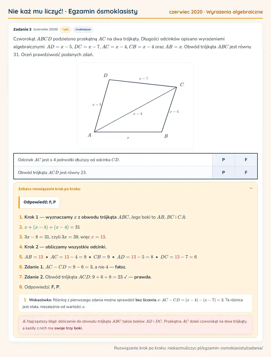 Rozwiązanie zadania – E8 (czerwiec 2020) — wyrażenia algebraiczne: Czworokąt ABCD podzielono przekątną AC na dwa trójkąty. Długości odcinków opisano wyrażeniami…