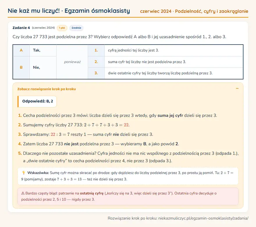 Rozwiązanie zadania – E8 (czerwiec 2024) — podzielność, cyfry i zaokrąglanie: Czy liczba 27 733 jest podzielna przez 3? Wybierz odpowiedź A albo B i jej uzasadnienie spośród 1…