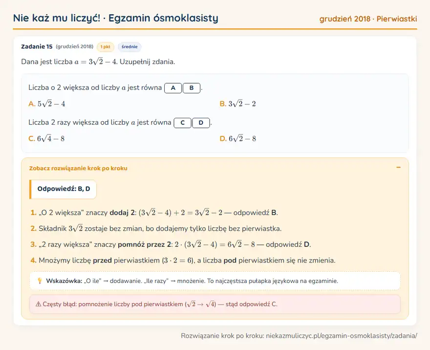 Rozwiązanie zadania – E8 (grudzień 2018) — pierwiastki: Dana jest liczba a = 3√2 - 4. Uzupełnij zdania.