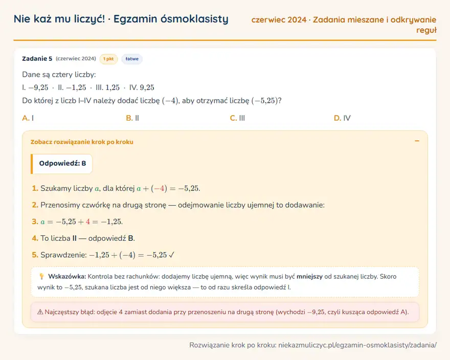 Rozwiązanie zadania z matematyki – E8 (czerwiec 2024), zadania mieszane i odkrywanie reguł: Dane są cztery liczby: I. -9,25 · II. -1,25 · III. 1,25 · IV. 9,25 Do której z liczb I–IV należy… Odpowiedź: B