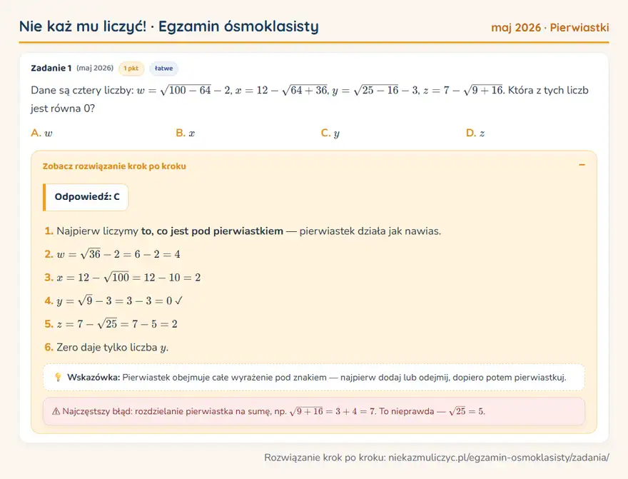 Rozwiązanie zadania – E8 (maj 2026) — pierwiastki: Dane są cztery liczby: w = √100-64 - 2, x = 12 - √64+36, y = √25-16 - 3, z = 7 - √9+16. Która z…