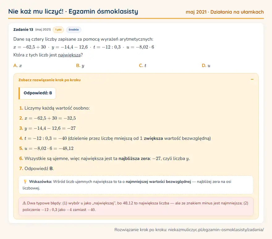 Rozwiązanie zadania – E8 (maj 2021) — działania na ułamkach: Dane są cztery liczby zapisane za pomocą wyrażeń arytmetycznych: x = -62,5 + 30 · y = -14,4 - 12,6…