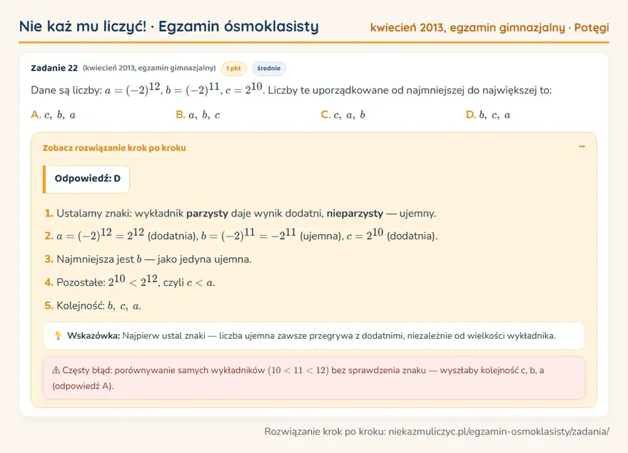 Rozwiązanie zadania – egzamin gimnazjalny (kwiecień 2013) — potęgi: Dane są liczby: a = (-2)¹², b = (-2)¹¹, c = 2¹⁰. Liczby te uporządkowane od najmniejszej do…