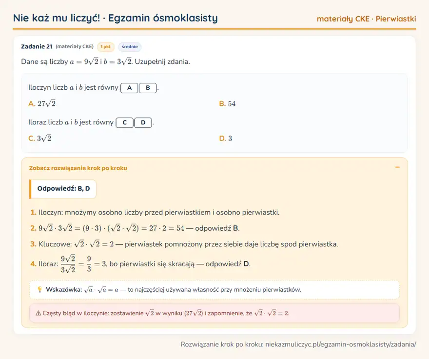 Rozwiązanie zadania – E8 (materiały CKE) — pierwiastki: Dane są liczby a = 9√2 i b = 3√2. Uzupełnij zdania.