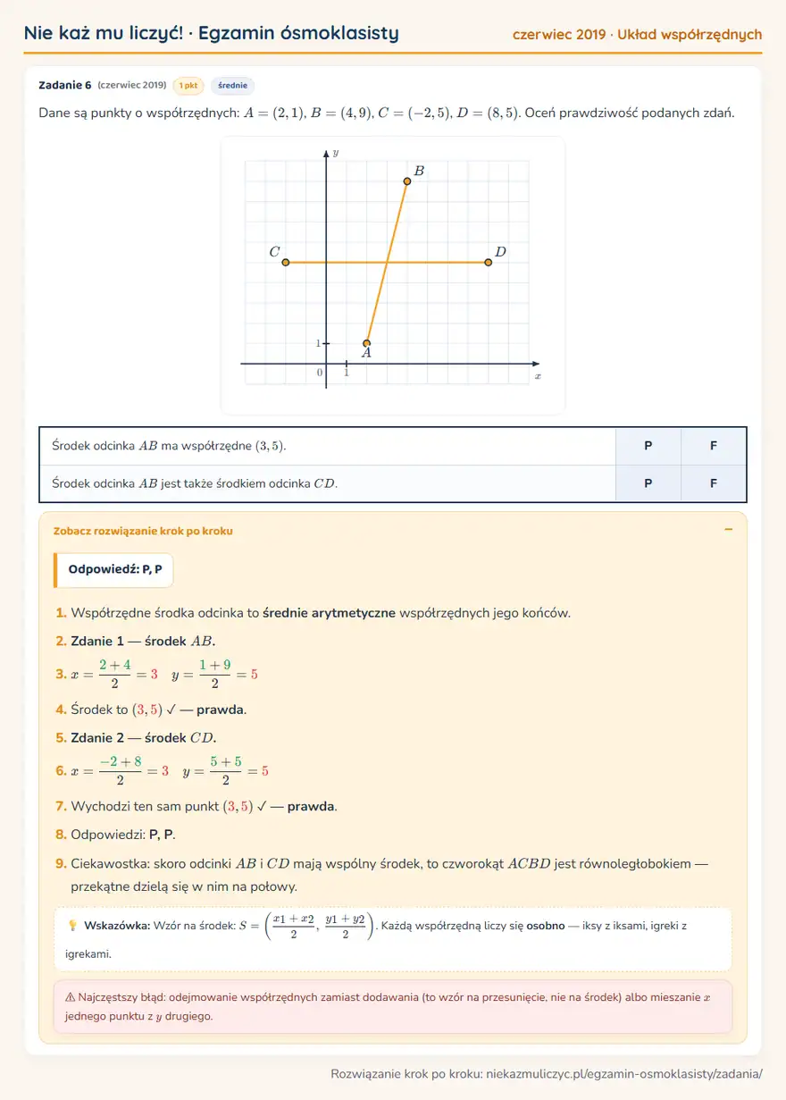 Rozwiązanie zadania – E8 (czerwiec 2019) — układ współrzędnych: Dane są punkty o współrzędnych: A = (2,1), B = (4,9), C = (-2,5), D = (8,5). Oceń prawdziwość…