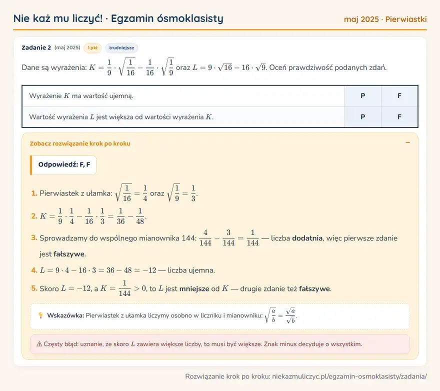 Rozwiązanie zadania – E8 (maj 2025) — pierwiastki: Dane są wyrażenia: K = 1/9 · 1/16 - 1/16 · 1/9 oraz L = 9 · √16 - 16 · √9. Oceń prawdziwość…
