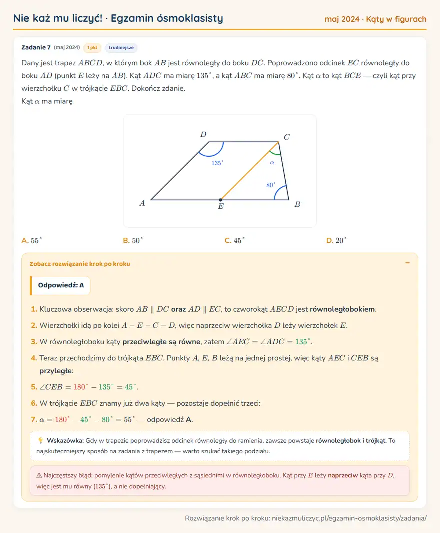 Rozwiązanie zadania – E8 (maj 2024) — kąty w figurach: Dany jest trapez ABCD, w którym bok AB jest równoległy do boku DC. Poprowadzono odcinek EC…