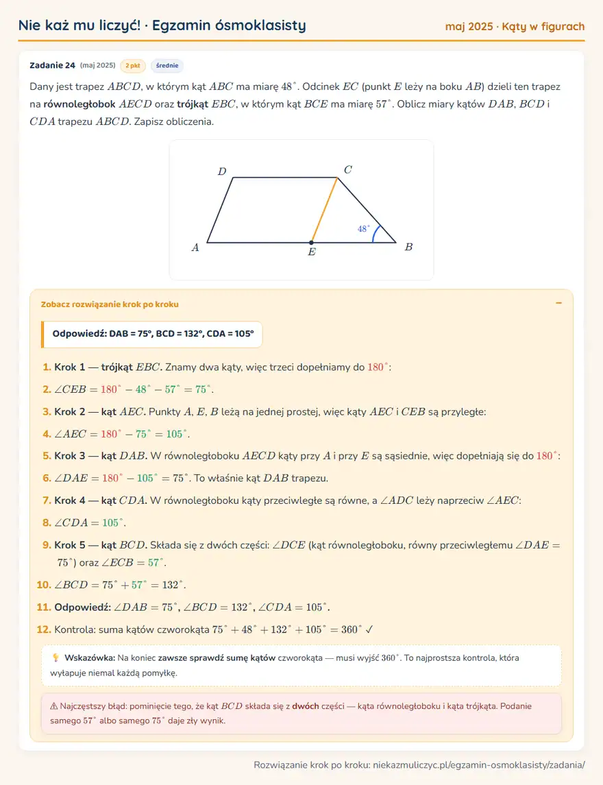 Rozwiązanie zadania – E8 (maj 2025) — kąty w figurach: Dany jest trapez ABCD, w którym kąt ABC ma miarę 48°. Odcinek EC (punkt E leży na boku AB ) dzieli…