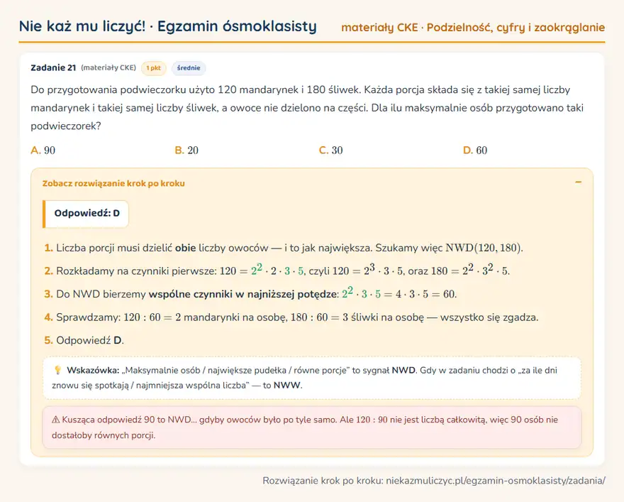 Rozwiązanie zadania – E8 (materiały CKE) — podzielność, cyfry i zaokrąglanie: Do przygotowania podwieczorku użyto 120 mandarynek i 180 śliwek. Każda porcja składa się z takiej…