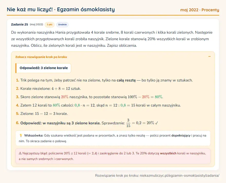 Rozwiązanie zadania – E8 (maj 2022) — procenty: Do wykonania naszyjnika Hania przygotowała 4 korale srebrne, 8 korali czerwonych i kilka korali…