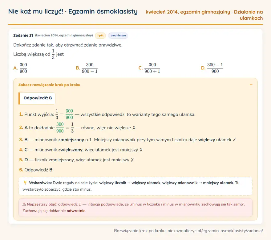 Rozwiązanie zadania – egzamin gimnazjalny (kwiecień 2014) — działania na ułamkach: Dokończ zdanie tak, aby otrzymać zdanie prawdziwe. Liczbą większą od 1/3 jest