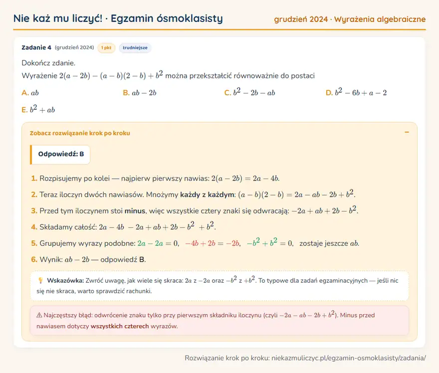 Rozwiązanie zadania – E8 (grudzień 2024) — wyrażenia algebraiczne: Dokończ zdanie. Wyrażenie 2(a - 2b) - (a - b)(2 - b) + b² można przekształcić równoważnie do postaci