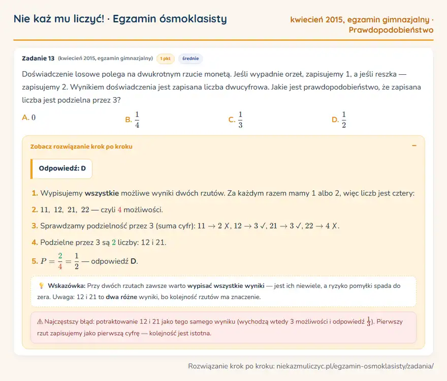 Rozwiązanie zadania – egzamin gimnazjalny (kwiecień 2015) — prawdopodobieństwo: Doświadczenie losowe polega na dwukrotnym rzucie monetą. Jeśli wypadnie orzeł, zapisujemy 1, a…