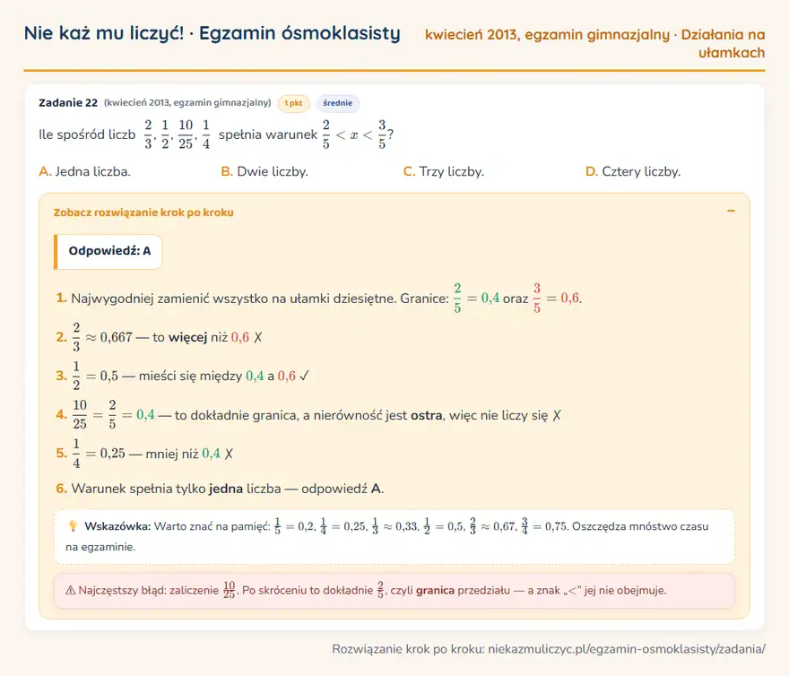 Rozwiązanie zadania z matematyki – egzamin gimnazjalny (kwiecień 2013), działania na ułamkach: Ile spośród liczb 2/3, 1/2, 10/25, 1/4 spełnia warunek 2/5 < x < 3/5? Odpowiedź: A