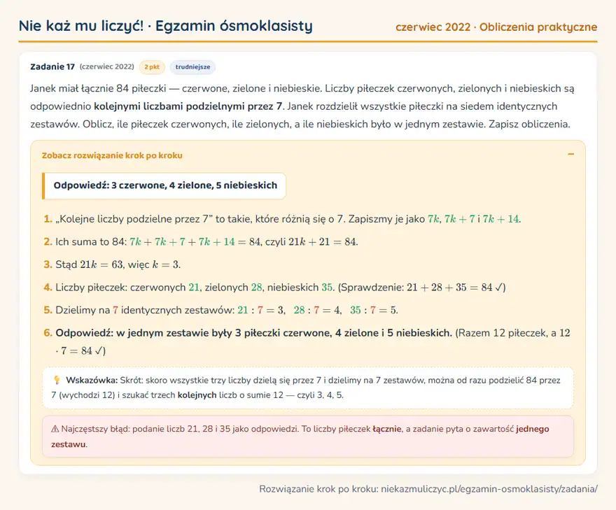 Rozwiązanie zadania – E8 (czerwiec 2022) — obliczenia praktyczne: Janek miał łącznie 84 piłeczki — czerwone, zielone i niebieskie. Liczby piłeczek czerwonych…