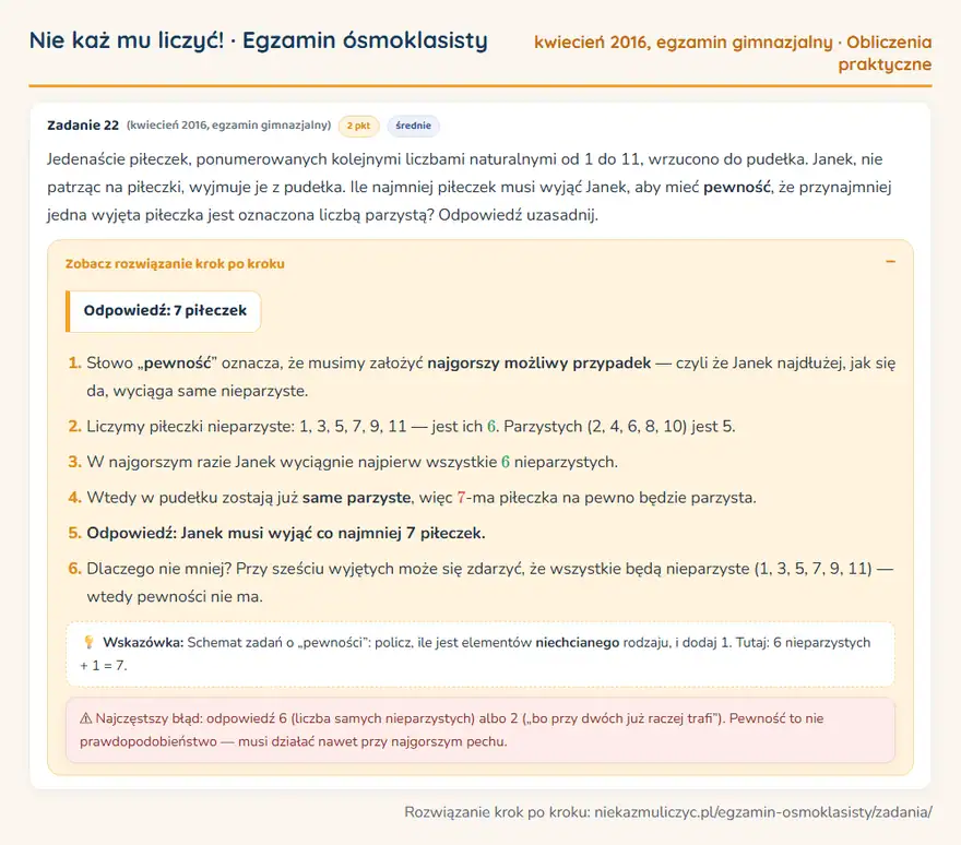Rozwiązanie zadania – egzamin gimnazjalny (kwiecień 2016) — obliczenia praktyczne: Jedenaście piłeczek, ponumerowanych kolejnymi liczbami naturalnymi od 1 do 11, wrzucono do pudełka…