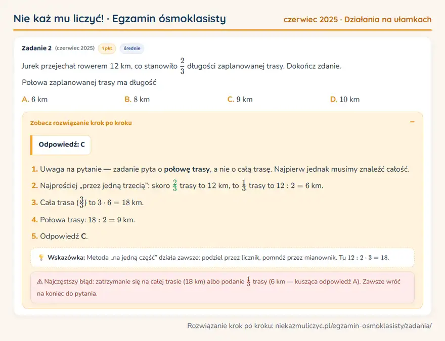 Rozwiązanie zadania – E8 (czerwiec 2025) — działania na ułamkach: Jurek przejechał rowerem 12 km, co stanowiło 2/3 długości zaplanowanej trasy. Dokończ zdanie…