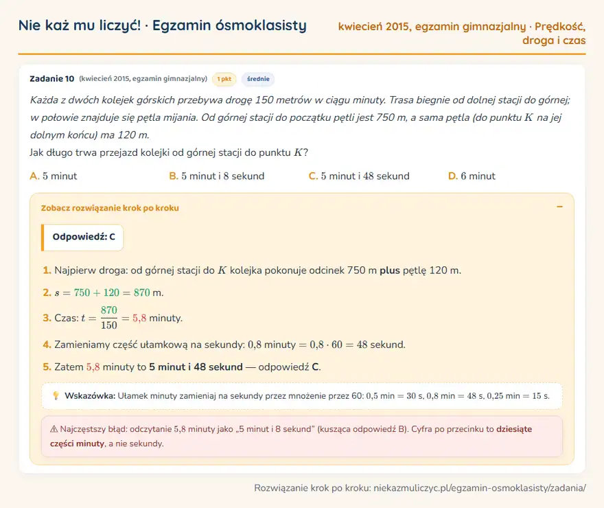 Rozwiązanie zadania – egzamin gimnazjalny (kwiecień 2015) — prędkość, droga i czas: Każda z dwóch kolejek górskich przebywa drogę 150 metrów w ciągu minuty. Trasa biegnie od dolnej…