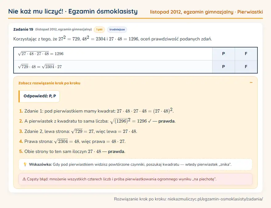 Rozwiązanie zadania – egzamin gimnazjalny (listopad 2012) — pierwiastki: Korzystając z tego, że 27² = 729, 48² = 2304 i 27 · 48 = 1296, oceń prawdziwość podanych zdań.