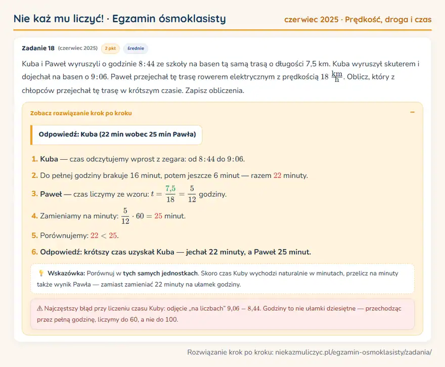 Rozwiązanie zadania – E8 (czerwiec 2025) — prędkość, droga i czas: Kuba i Paweł wyruszyli o godzinie 8: 44 ze szkoły na basen tą samą trasą o długości 7,5 km. Kuba…