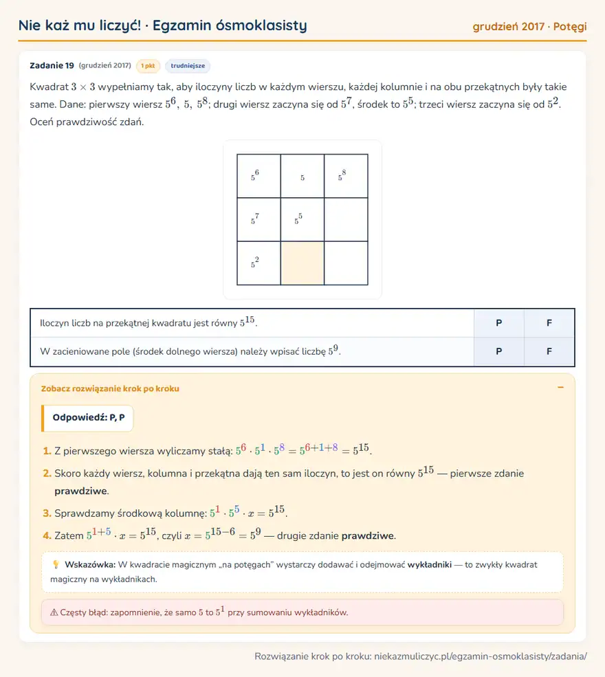 Rozwiązanie zadania z matematyki – E8 (grudzień 2017), potęgi: Kwadrat 3 × 3 wypełniamy tak, aby iloczyny liczb w każdym wierszu, każdej kolumnie i na obu… Odpowiedź: P, P