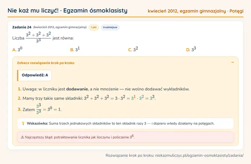Rozwiązanie zadania – egzamin gimnazjalny (kwiecień 2012) — potęgi: Liczba 3² + 3² + 3²/3³ jest równa: