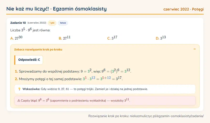 Rozwiązanie zadania – E8 (czerwiec 2022) — potęgi: Liczba 3⁵ · 9⁶ jest równa: