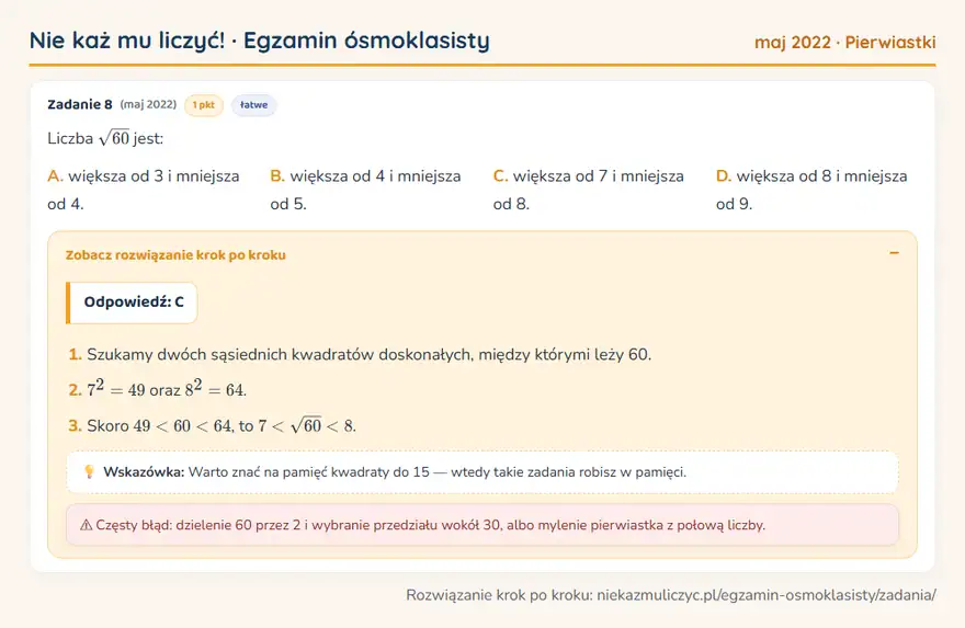 Rozwiązanie zadania – E8 (maj 2022) — pierwiastki: Liczba √60 jest: