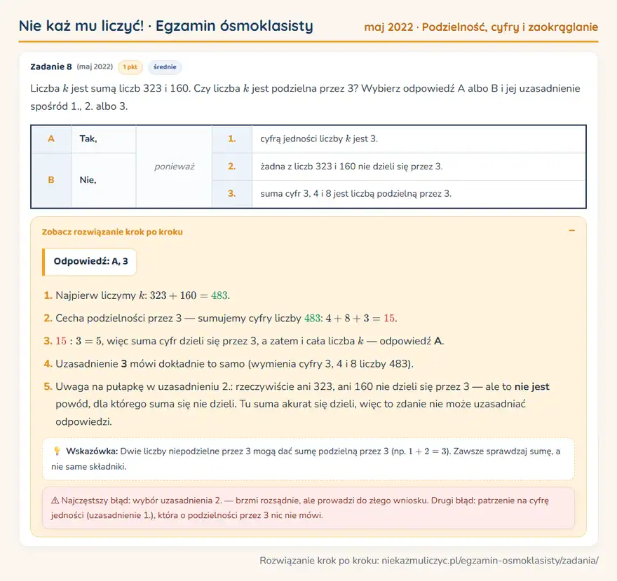 Rozwiązanie zadania – E8 (maj 2022) — podzielność, cyfry i zaokrąglanie: Liczba k jest sumą liczb 323 i 160. Czy liczba k jest podzielna przez 3? Wybierz odpowiedź A albo B…