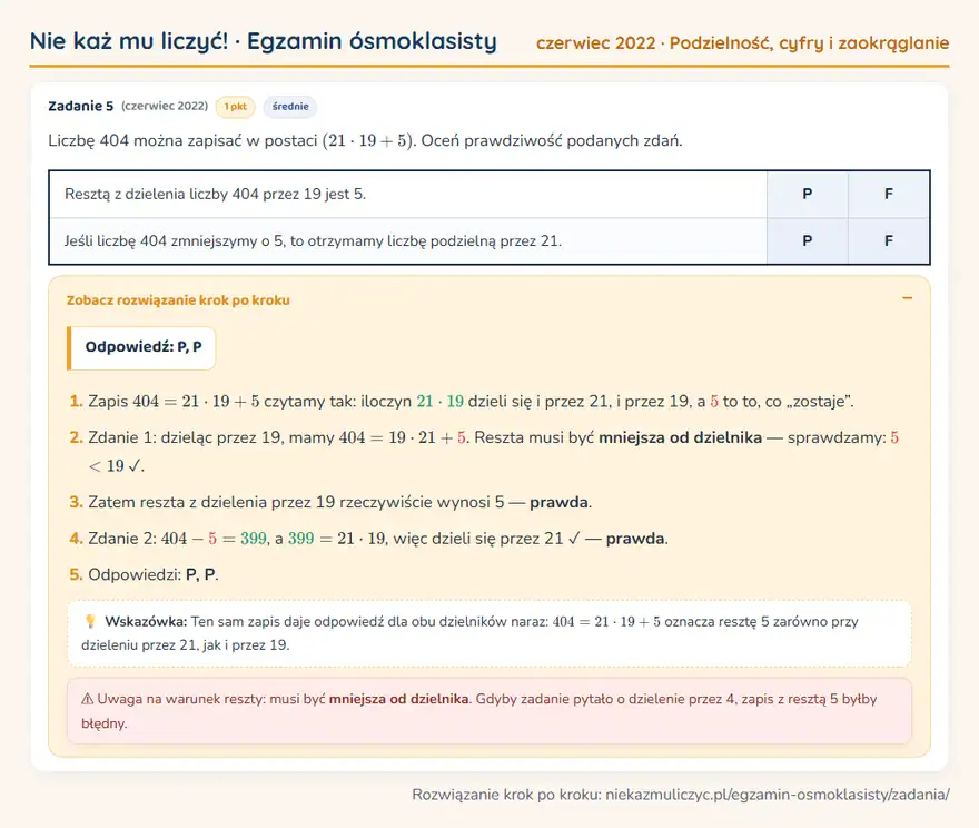 Rozwiązanie zadania – E8 (czerwiec 2022) — podzielność, cyfry i zaokrąglanie: Liczbę 404 można zapisać w postaci (21 · 19 + 5). Oceń prawdziwość podanych zdań.