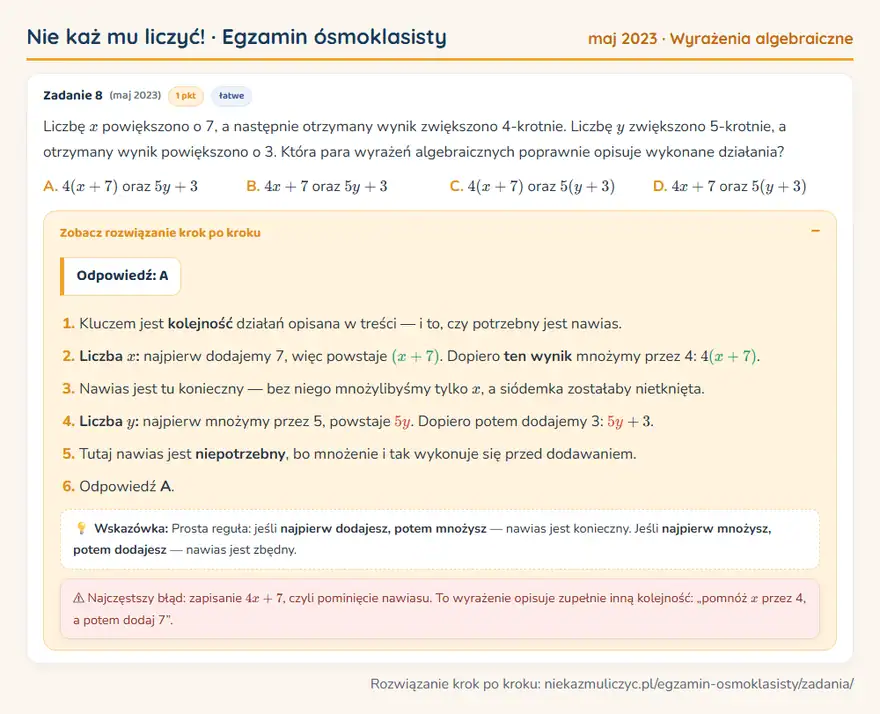 Rozwiązanie zadania – E8 (maj 2023) — wyrażenia algebraiczne: Liczbę x powiększono o 7, a następnie otrzymany wynik zwiększono 4-krotnie. Liczbę y zwiększono…