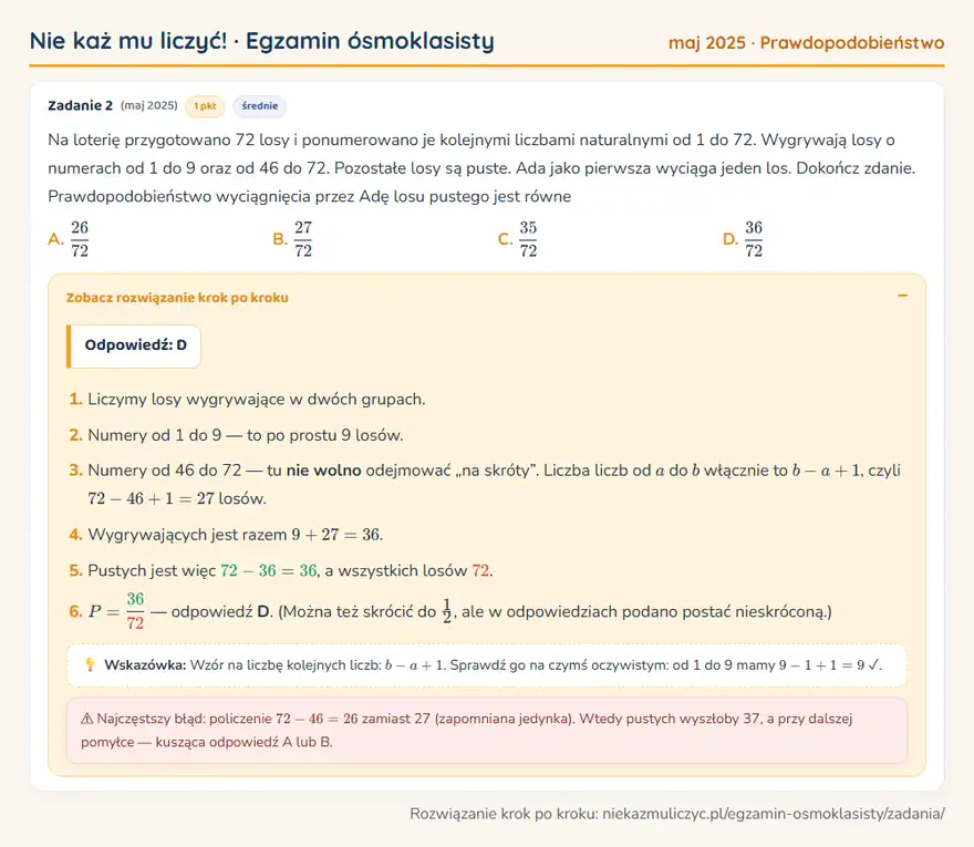 Rozwiązanie zadania – E8 (maj 2025) — prawdopodobieństwo: Na loterię przygotowano 72 losy i ponumerowano je kolejnymi liczbami naturalnymi od 1 do 72…