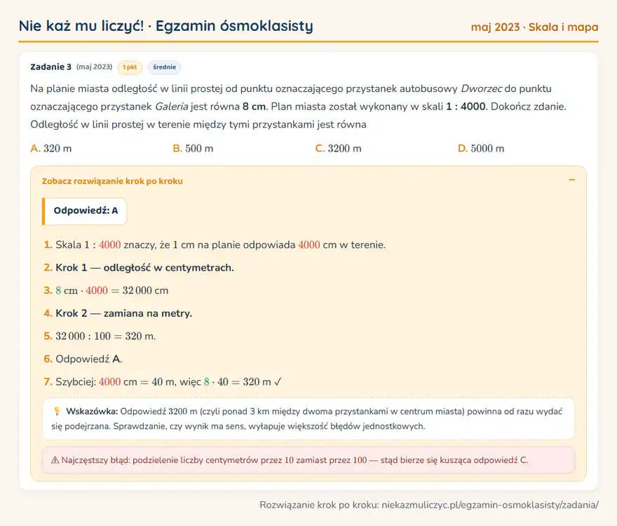 Rozwiązanie zadania z matematyki – E8 (maj 2023), skala i mapa: Na planie miasta odległość w linii prostej od punktu oznaczającego przystanek autobusowy Dworzec do… Odpowiedź: A