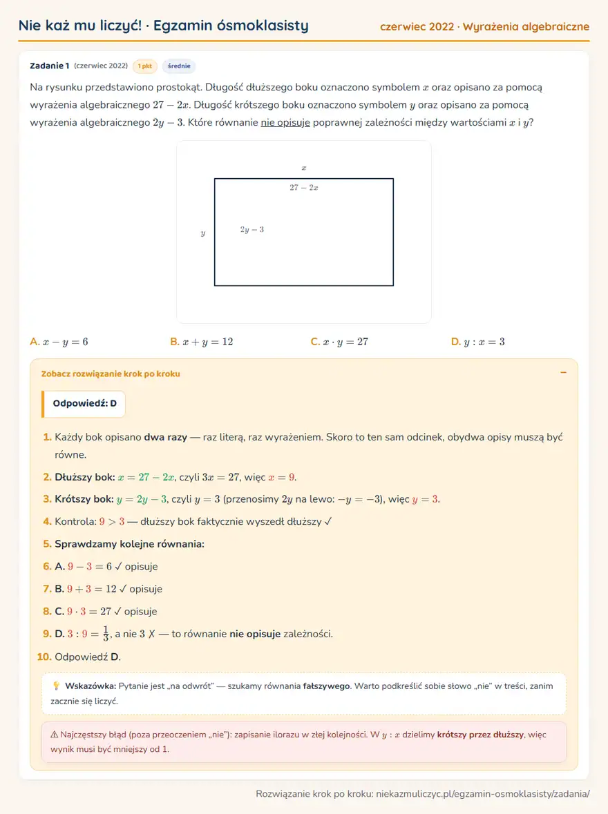 Rozwiązanie zadania – E8 (czerwiec 2022) — wyrażenia algebraiczne: Na rysunku przedstawiono prostokąt. Długość dłuższego boku oznaczono symbolem x oraz opisano za…