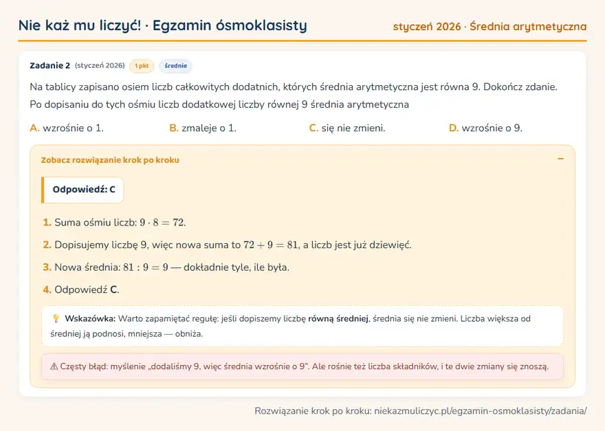 Rozwiązanie zadania – E8 (styczeń 2026) — średnia arytmetyczna: Na tablicy zapisano osiem liczb całkowitych dodatnich, których średnia arytmetyczna jest równa 9…