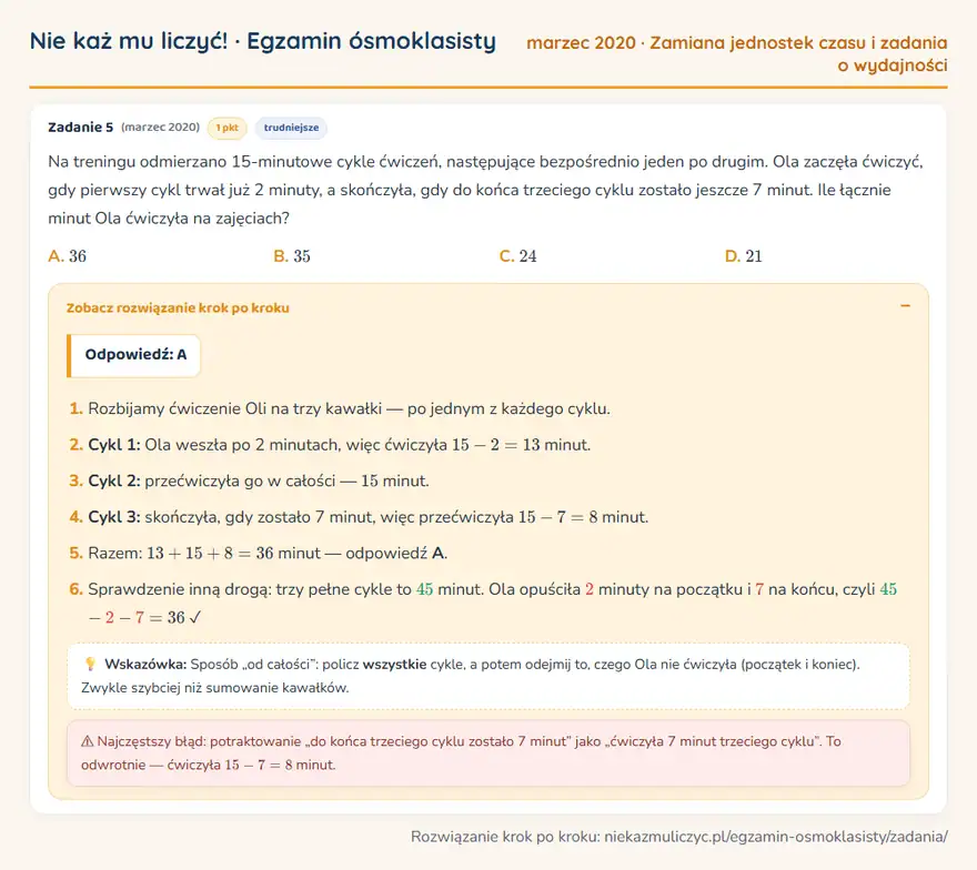 Rozwiązanie zadania – E8 (marzec 2020) — zamiana jednostek czasu i zadania o wydajności: Na treningu odmierzano 15-minutowe cykle ćwiczeń, następujące bezpośrednio jeden po drugim. Ola…