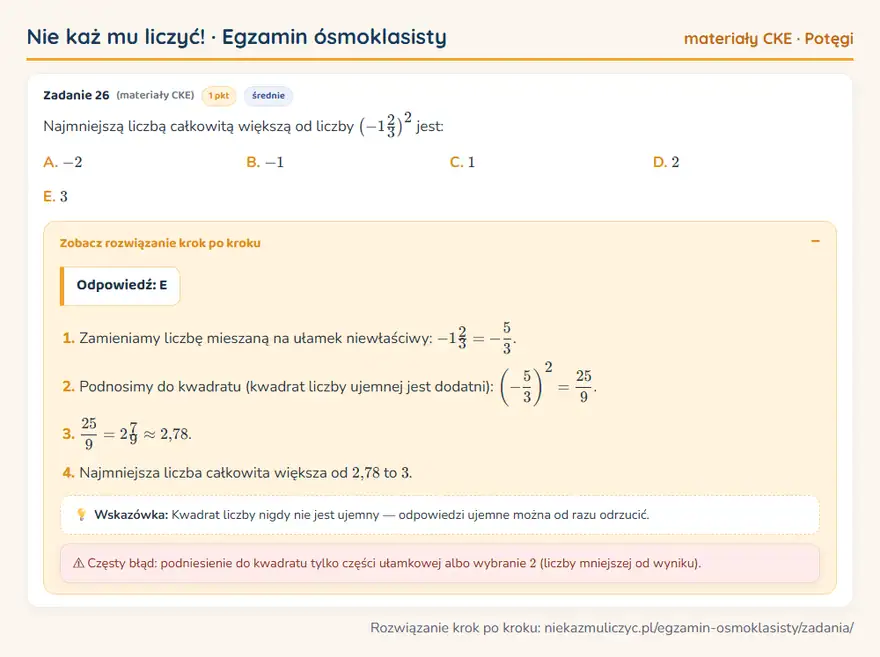 Rozwiązanie zadania – E8 (materiały CKE) — potęgi: Najmniejszą liczbą całkowitą większą od liczby (-123 )² jest: