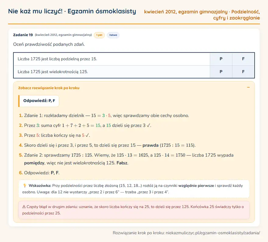 Rozwiązanie zadania – egzamin gimnazjalny (kwiecień 2012) — podzielność, cyfry i zaokrąglanie: Oceń prawdziwość podanych zdań.