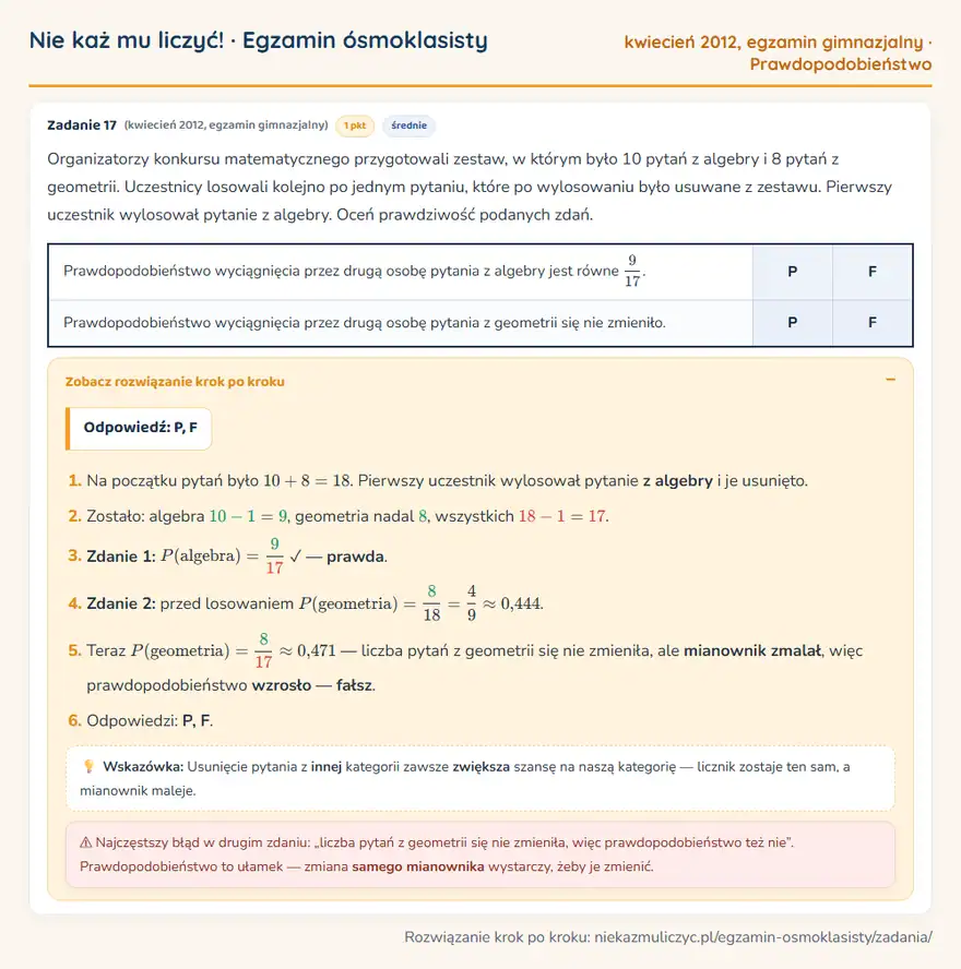 Rozwiązanie zadania – egzamin gimnazjalny (kwiecień 2012) — prawdopodobieństwo: Organizatorzy konkursu matematycznego przygotowali zestaw, w którym było 10 pytań z algebry i 8…