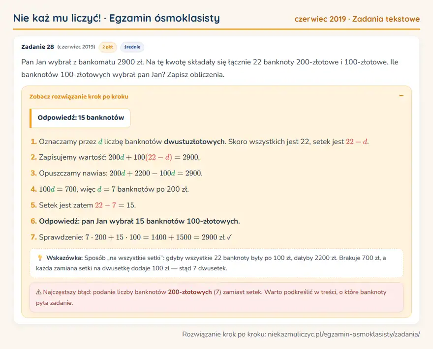 Rozwiązanie zadania – E8 (czerwiec 2019) — zadania tekstowe: Pan Jan wybrał z bankomatu 2900 zł. Na tę kwotę składały się łącznie 22 banknoty 200-złotowe i…