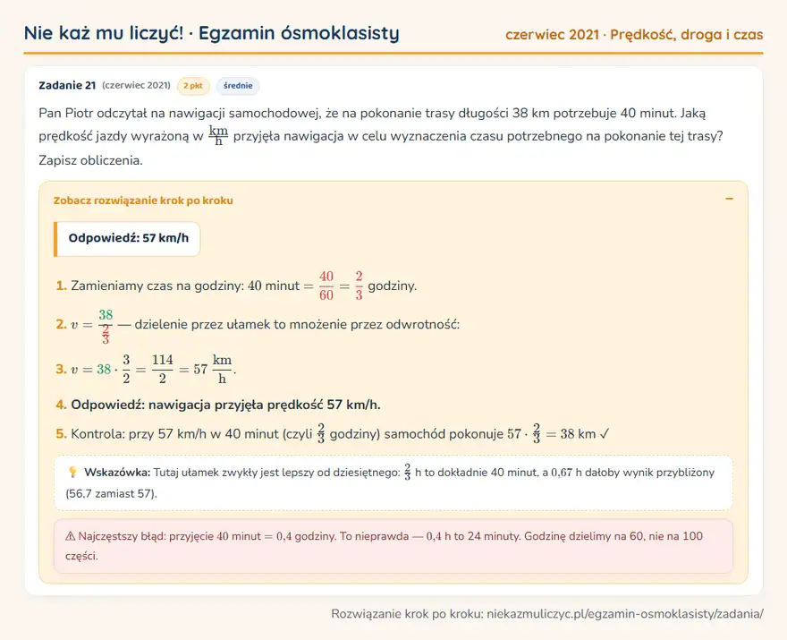 Rozwiązanie zadania – E8 (czerwiec 2021) — prędkość, droga i czas: Pan Piotr odczytał na nawigacji samochodowej, że na pokonanie trasy długości 38 km potrzebuje 40…