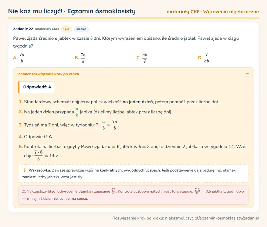 Rozwiązanie zadania – E8 (materiały CKE) — wyrażenia algebraiczne: Paweł zjada średnio a jabłek w czasie b dni. Którym wyrażeniem opisano, ile średnio jabłek Paweł…
