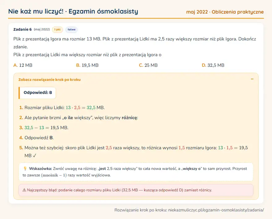 Rozwiązanie zadania – E8 (maj 2022) — obliczenia praktyczne: Plik z prezentacją Igora ma rozmiar 13 MB. Plik z prezentacją Lidki ma 2,5 razy większy rozmiar niż…