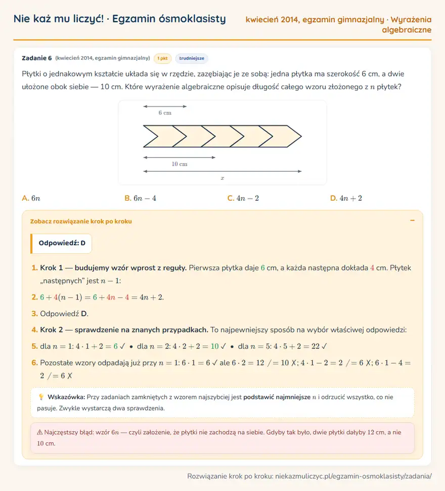 Rozwiązanie zadania – egzamin gimnazjalny (kwiecień 2014) — wyrażenia algebraiczne: Płytki o jednakowym kształcie układa się w rzędzie, zazębiając je ze sobą: jedna płytka ma…